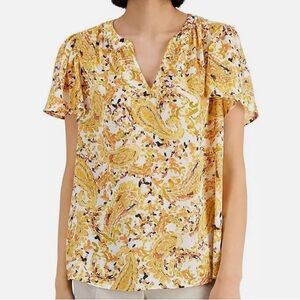 Kasper Womens Yellow Paisley V-Neck Pullover Blouse with Flutter Sleeves